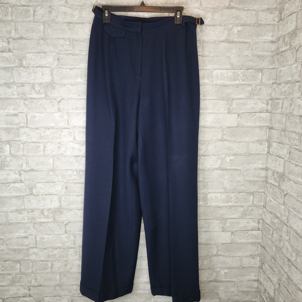 Lauren Ralph Lauren Dress Pants Navy Blue Worsted Wool Wide Leg Cuffed Size 12
